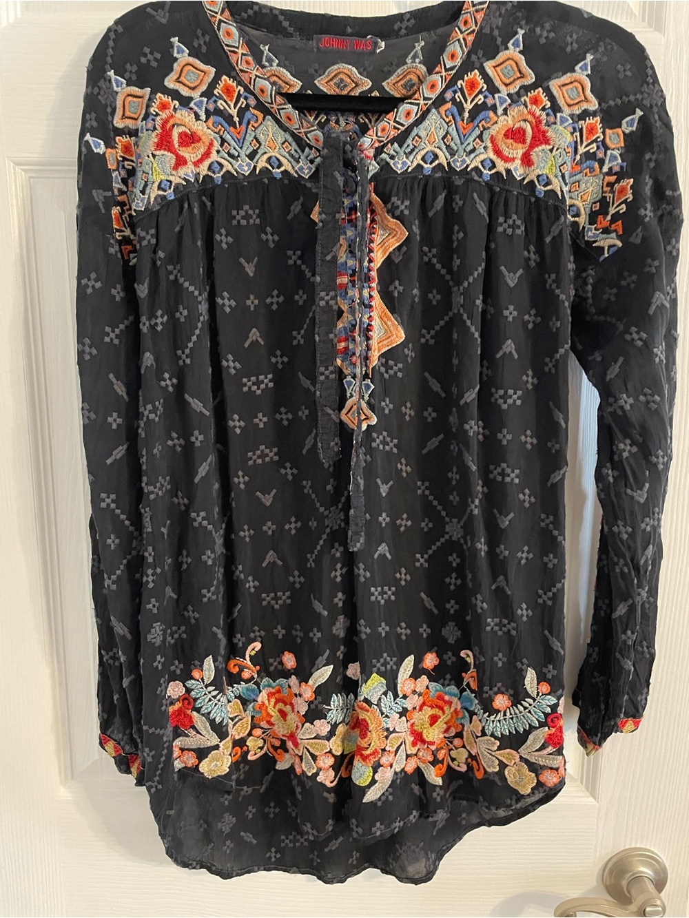 Johnny Was Black Tunic with Multicolor Floral Embroidery